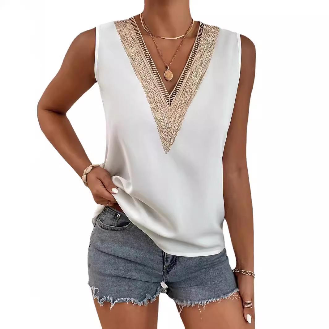 Summer Sleeveless Blouses Women V-neck Lace Blouse Shirt Elegant Office Lady Blouses XXL белый