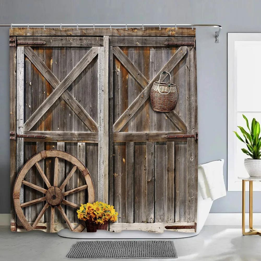 Vintage Rustic Wood Panel Shower Curtain Barn Door Floral Botanical Green Leaf Barn Farm Polyester Fabric Bathroom Decor Curtain