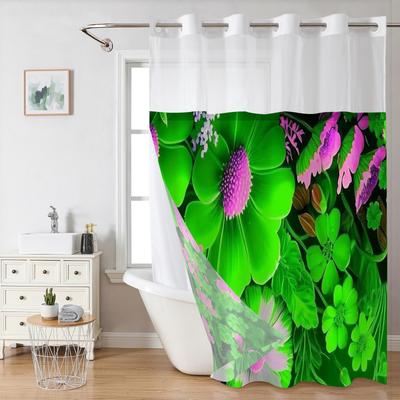 No Hook Green Plants Pattern Shower Curtain With Snap-in Fabric Liner, Sheer Top Window, Waterproof Double Layer Bathtub Curtain
