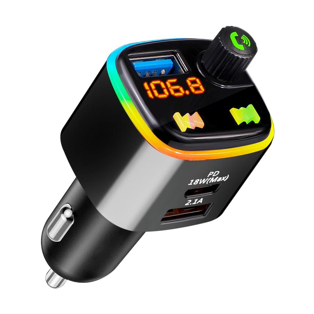 

FM-передатчик Bluetooth 5.0 Автомобильный комплект Handfree PD 18 Вт Type-C Dual USB 4.2A Быстрая зарядка Беспроводной окружающий свет MP3-плеер