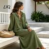 Lady Casual Dress Women Ruffle V Neck Long Dress, Loose Fit Midi Dresses Solid Color Sleeves for Spring Autumn
