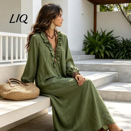 Lady Casual Dress Women Ruffle V Neck Long Dress, Loose Fit Midi Dresses Solid Color Sleeves for Spring Autumn