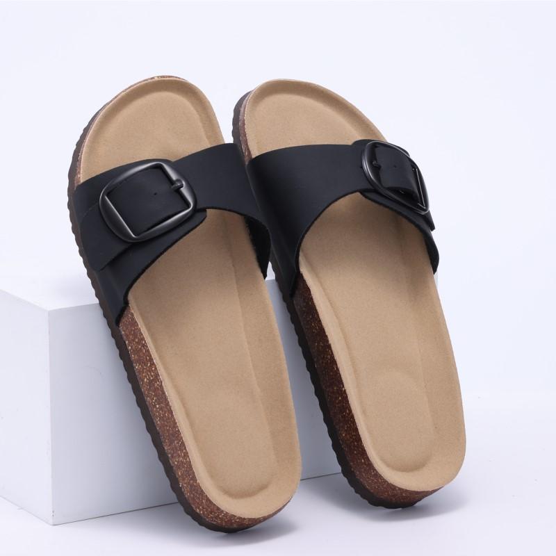 Modische Crestar Damen Sommer Kork Pantoletten 2025 Neu Outdoor Strand Flip Flops Modische Leder Orthopädische Sandalen mit Verstellbarer Schnalle
