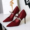 Retro Suede Pointed Toe Super High Heels Women Shoes Luxury Shiny Rhinestone Buckle Strap Banquets Wedding Date Lady Pumps