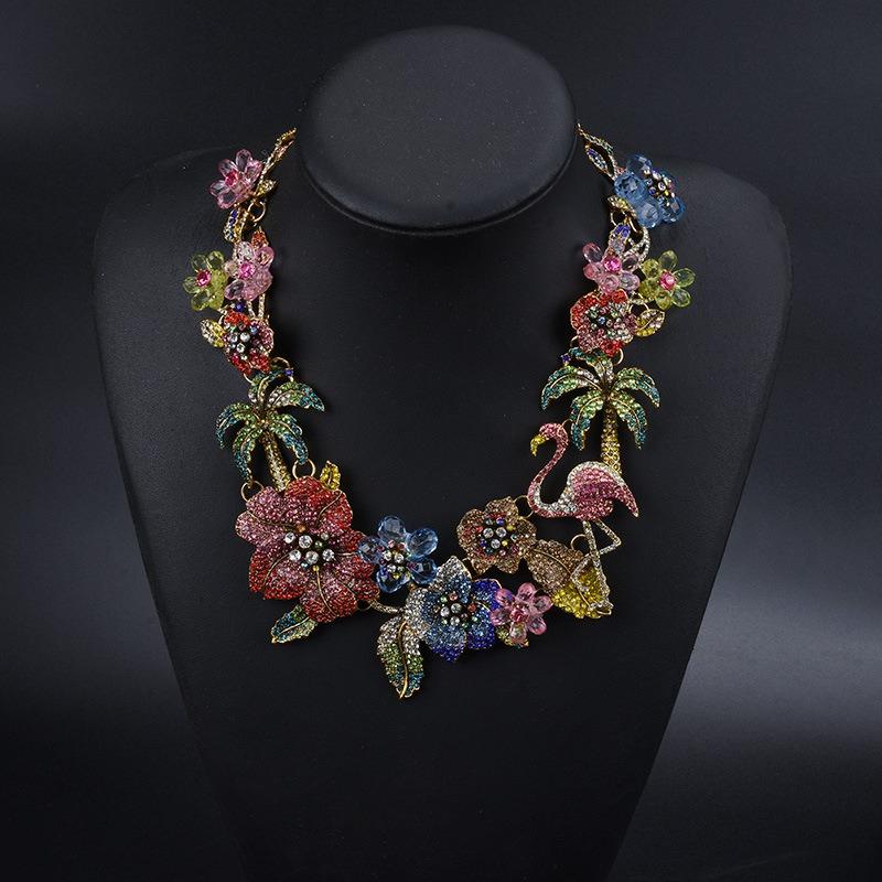 Luxury Exaggerated Full Diamond Flamingo Necklace Retro Alloy Flower Temperament Collarbone Chain