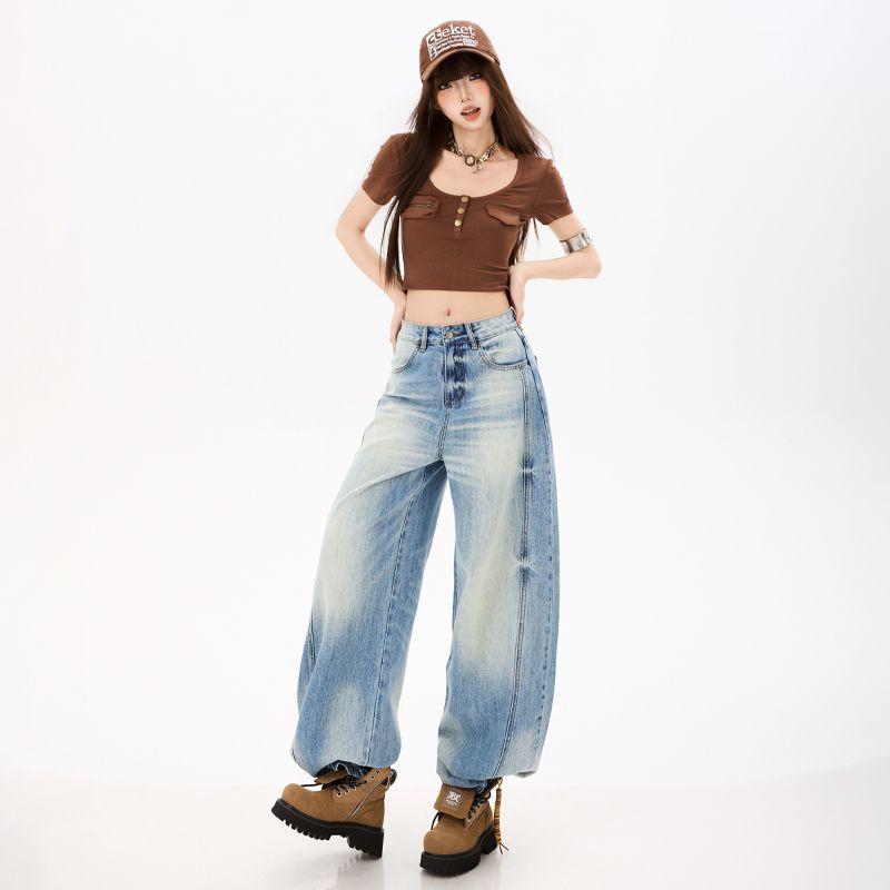 Spring Summer Trendy 3D Cat Whisker Soft Lyocell Micro Saber Cut Denim Pants For Ladies Casual Pants Oversize Denim Trousers