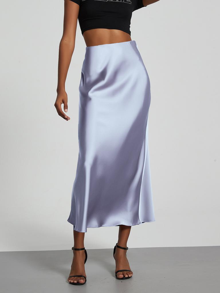 Women's Clothing Elegant Satin Midi Skirt Slim Fit High-Waisted Dress