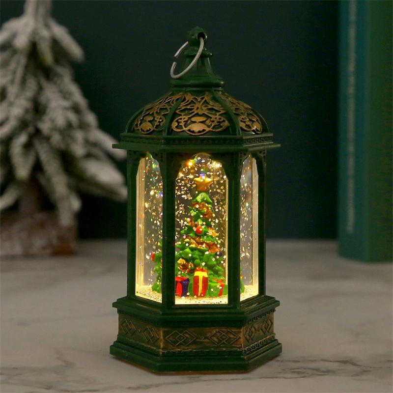 Christmas Lanterns Glittering Hexagonal Night Light Lamp Decorative Old Man Snowman Retro Hanging Lantern for Christmas Decor