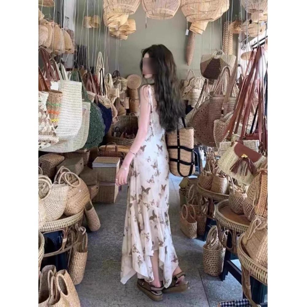 Butterfly Print Swinging Collar Suspender Dress Women's Summer 1111 New French Temperament Irregular Vacation Long Skirt