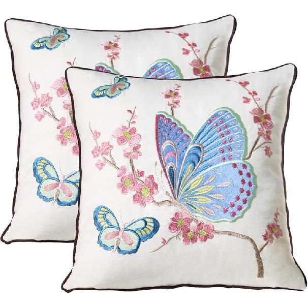 Set of 2 Embroidered Decorative Throw Pillow Covers Couch Square Pillowcases Cushion for Bedroom Sofa Farmhouse Decor 18x18 Inch (Blue Floral)