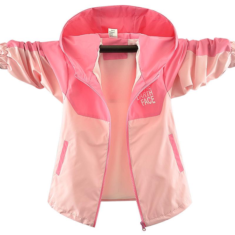 Girls' Spring and Autumn Color Block Windbreaker: Children's Fashionable Hooded Jacket