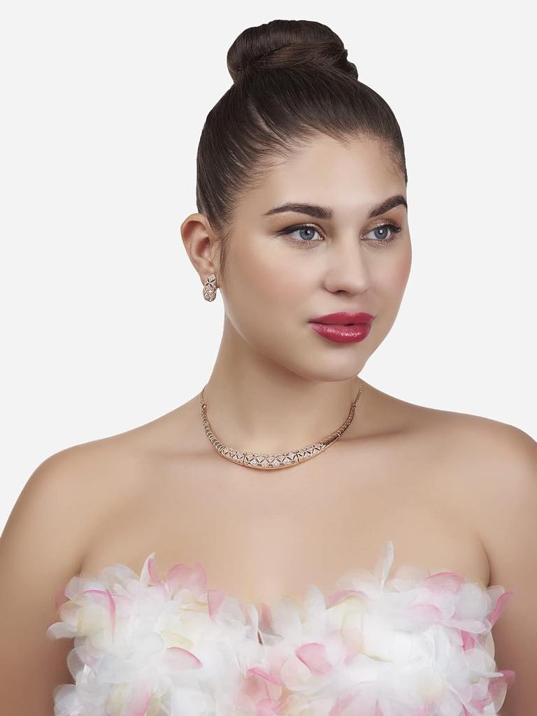 Rose Gold Cubic Zirconia Party Bling Necklace & Earring Set For Women-ZPFK15274