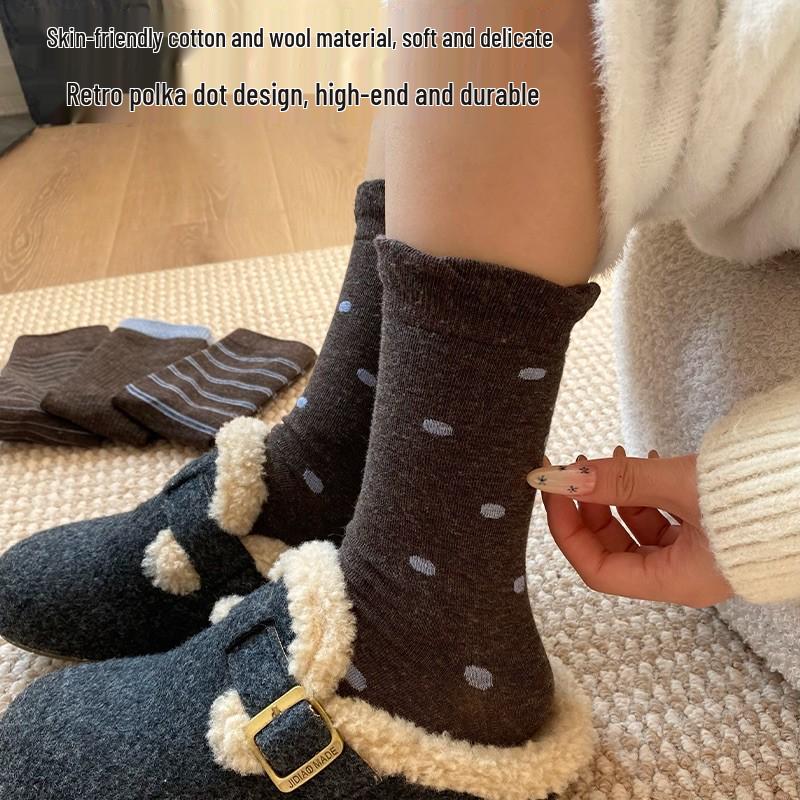 Women's 2025 Winter Wool Socks: Striped & Polka Dot, Plus Velvet, Thickened Mid-Calf Style.