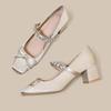 Soft Leather Version Chinese Bow Rhinestone Ballet Square Head Thick Heel Mary Jane High Heel Single Shoes Women's Cheongsam Skirt