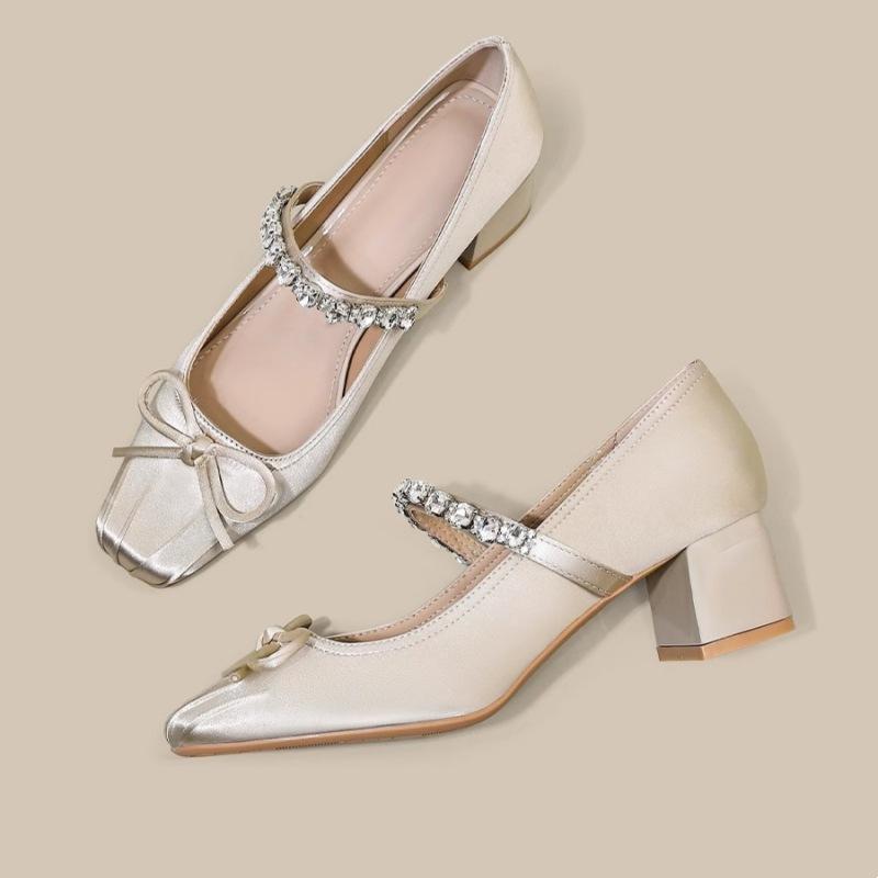 Soft Leather Version Chinese Bow Rhinestone Ballet Square Head Thick Heel Mary Jane High Heel Single Shoes Women's Cheongsam Skirt