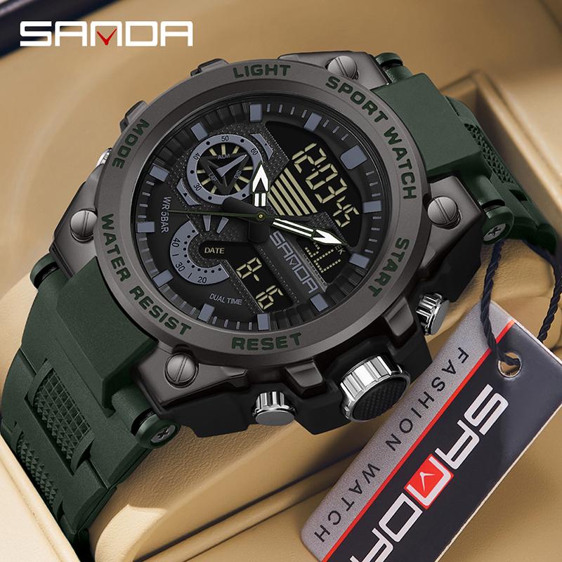 SANDA Luxury LED Dual Display Digital Quartz Watch for Men Shockproof Waterproof Sports Wristwatches Student Watch