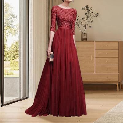 Women Prom Round Neck Lace Sleeve Tight Flower Embroidery Half Party Dress Waist Patchwork Floor Length Pleated Lady Maxi Evening Dress