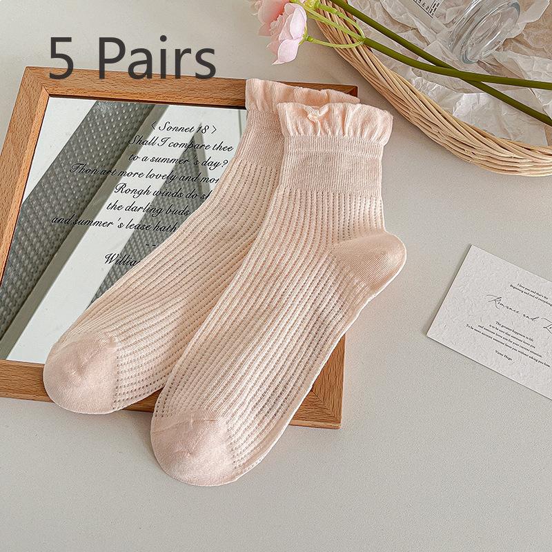 5 Pairs of Female Summer Thin Lovely Pure Cotton Boneless Tube Socks