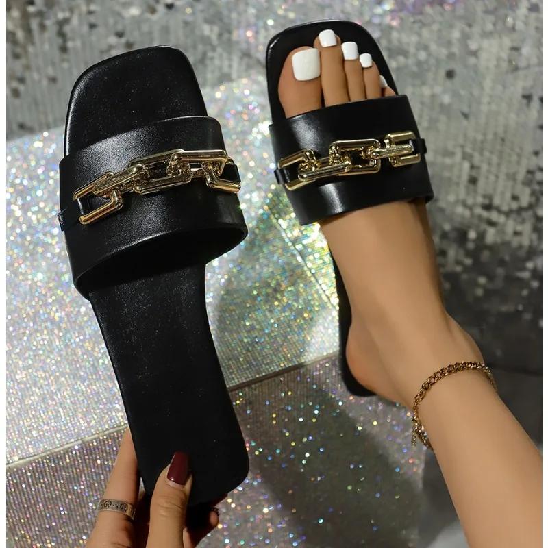 New Fashion Women's Slippers Square Toe Chain Slippers Sandals Sets Flat Shoes and Bag Set Matching Handbag for Women Luxury