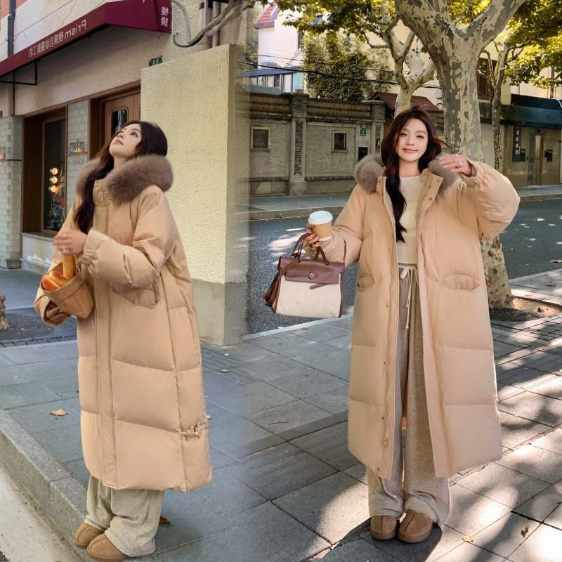 Womens Oversized Long Puffer Coat With Faux Fur Collar Winter Warm Thick Hooded Cotton-Padded Jacket