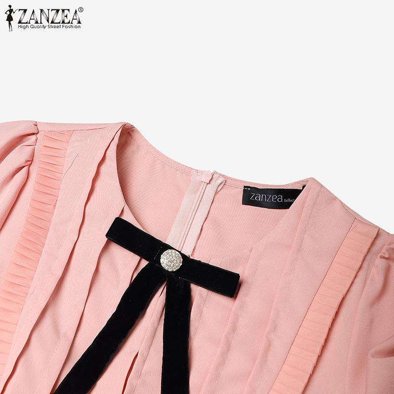 ZANZEA Women Elegant Bow O-neck Casual Summer Short Sleeve Dress