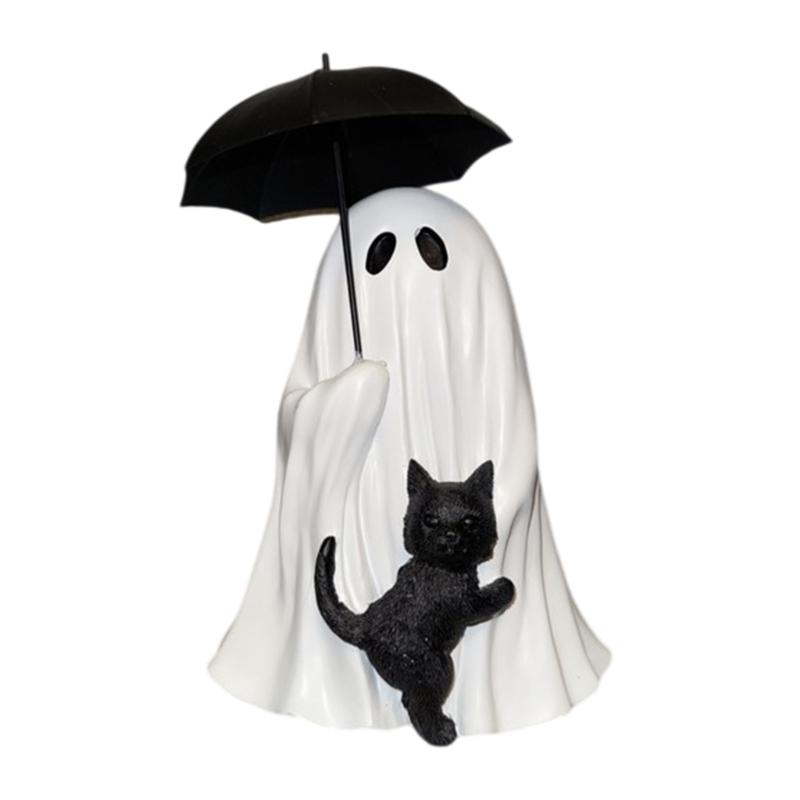 

Resins Ghostly and Black Cats Sculpture Halloween Gothic Decors Perfect For Desktop Bookshelves Mysterious Atmospheres 1