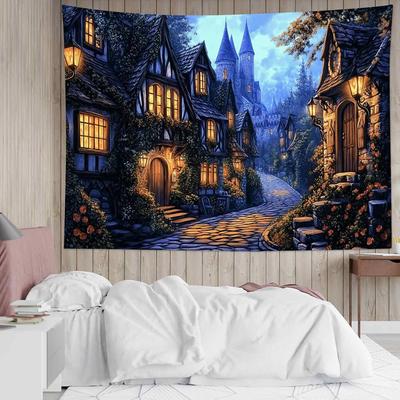 Vintage Castle Tapestry Night Street Old House and Green Tree Wall Tapestry for Bedroom Aesthetic Village Gothic Wall Art for