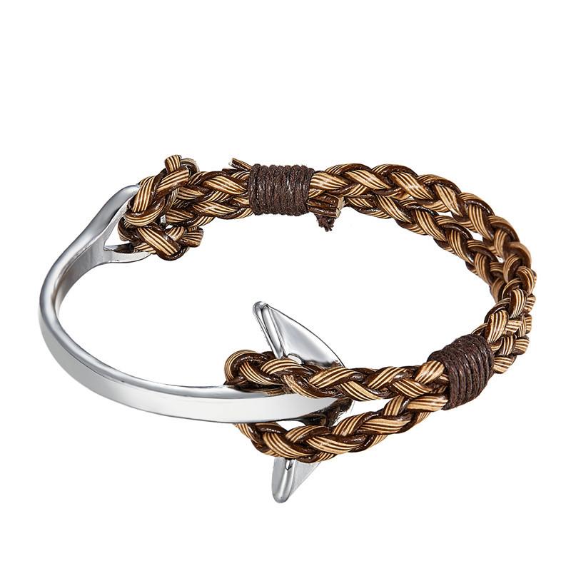 Silver-Plated Crooked Anchor Leather Bracelet, Men'S And Women'S Jewelry