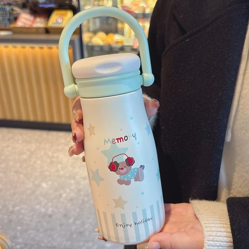 Tecknad Söt Barn Termosflaska 316 Rostfritt Stål Sugrör Vattenflaska Bärbar Dubbel Drickande Termisk Vattenkopp för Studenter