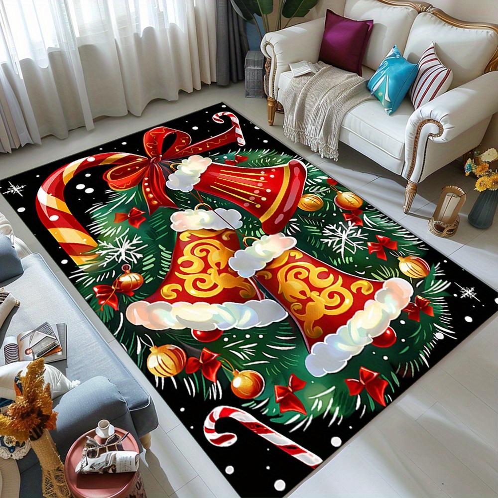 

Festive Christmas Bells Area Rug - Crystal Velvet, Vibrant Holiday Design with Golden Bells, Candy Canes & Snowflakes, 50x80cm