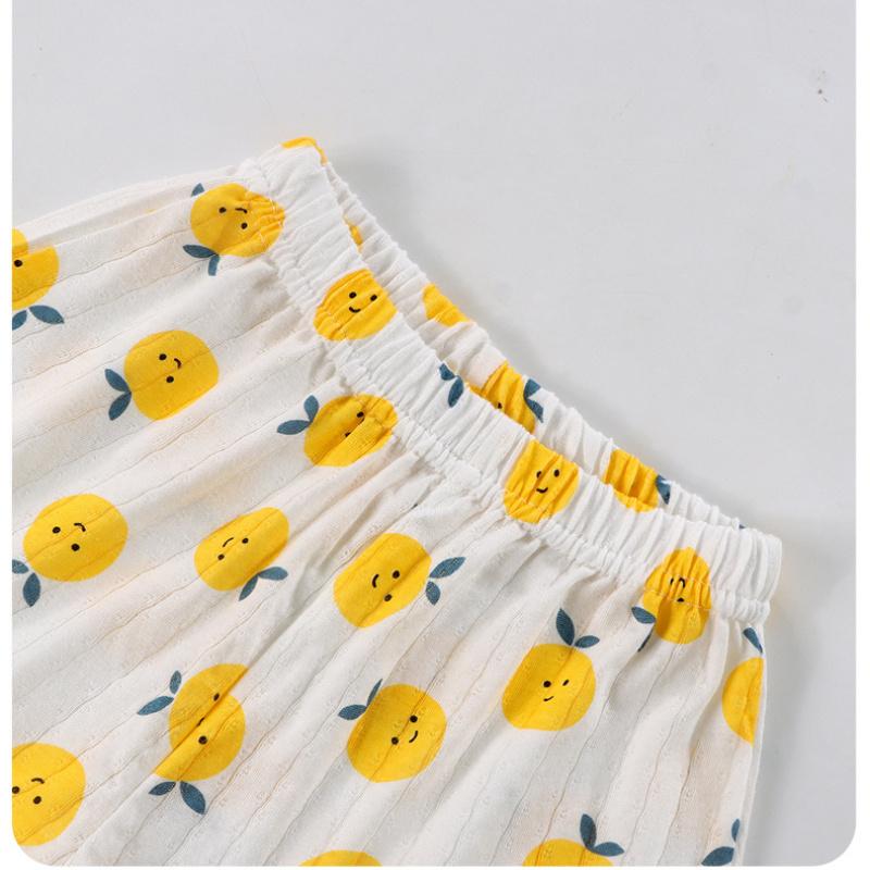 Conjunto de Pijama Feminino de Algodão Sem Mangas Camisola Fina de Verão e Shorts Roupa de Casa Fofa Estampada para Criança Bebê Com Cintura Elástica