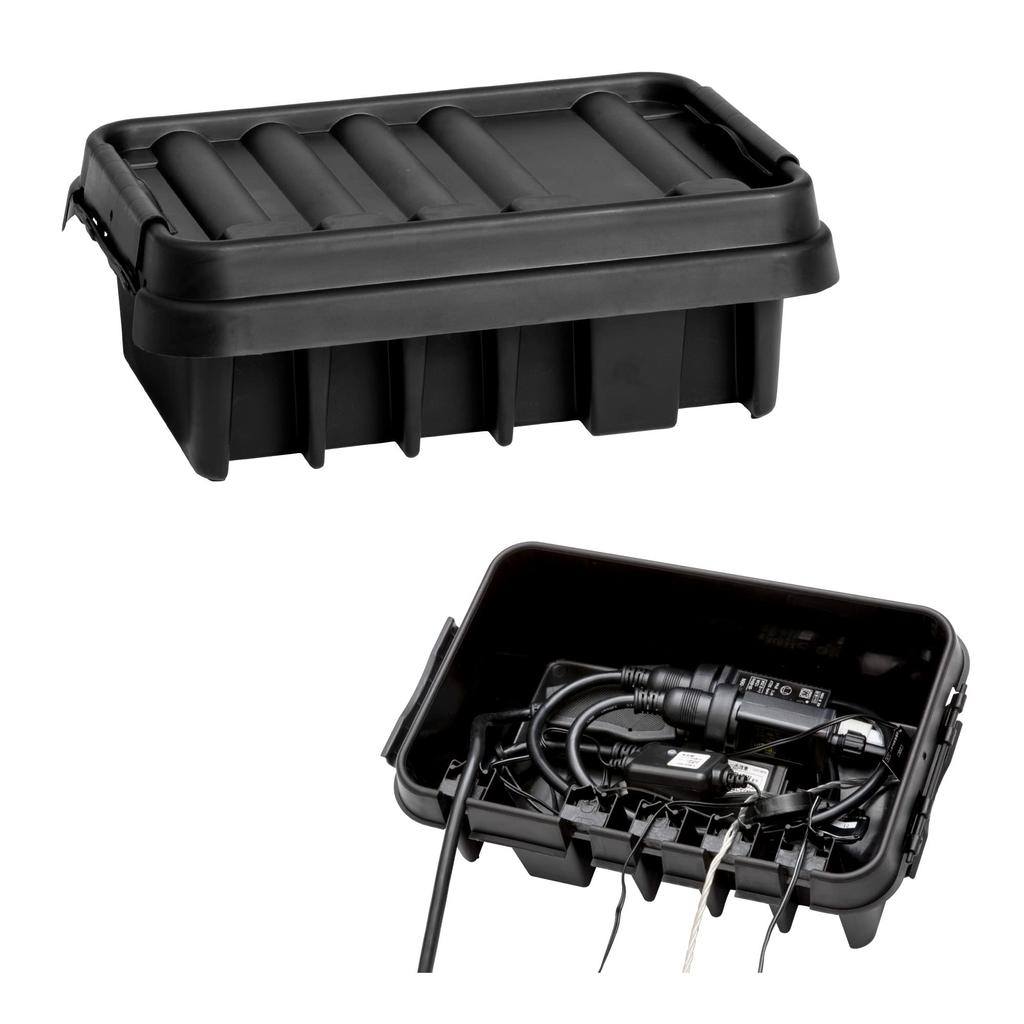 Takasho Outdoor Power Box, Outlet Box Medium, Approx. 34cm Wide x 24.5cm Deep x 12cm High, Black, Illuminated, Outdoor, Waterproof, Cord Storage,