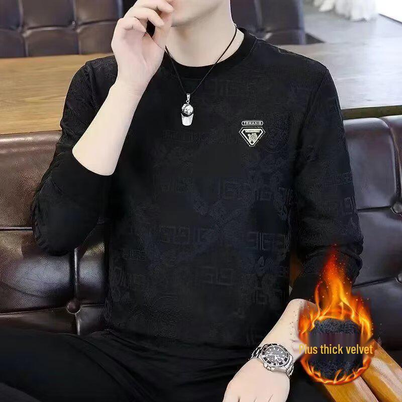Men's Velvet Warm Jacquard Round Neck Hoodie Long Sleeve Casual Top for Fall/Winter