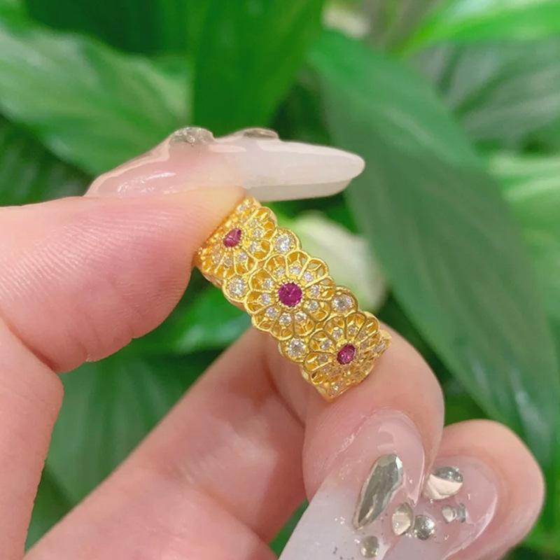Luxury 9999 24K Real Gold Diamond Rose Ring Handmade Diamond Zircon Ring Pair Ring Jewelry