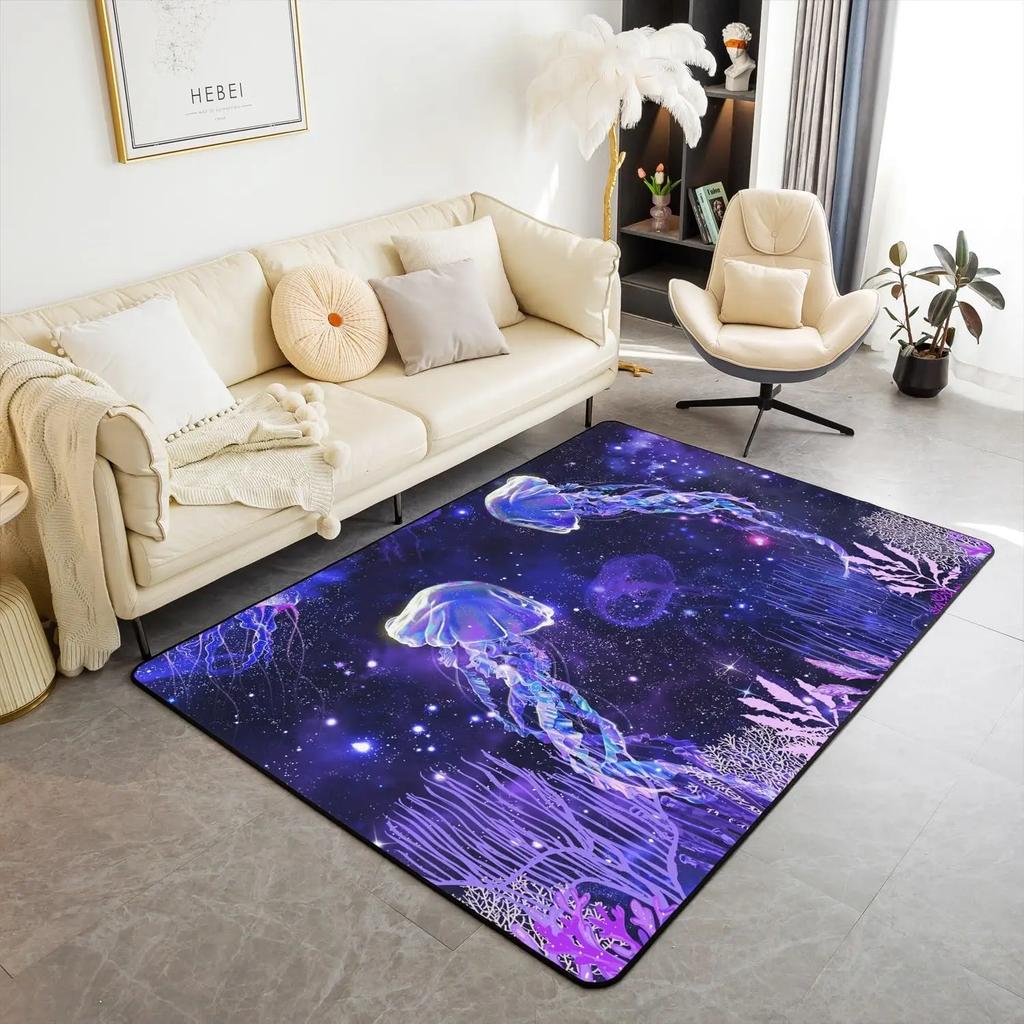 Jellyfish Marine Life Area Rug Dreamy Ocean Animal Non Slip Carpet for Kids Adults Fantasy Moon Clouds Starry Sky Decorative Rug