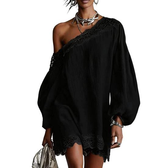 Women Off One Shoulder Loose Mini Dress, Batwing Long Sleeve Lace Trim Club Party Cocktail Dress, Summer Vacation Wedding Guest Dress