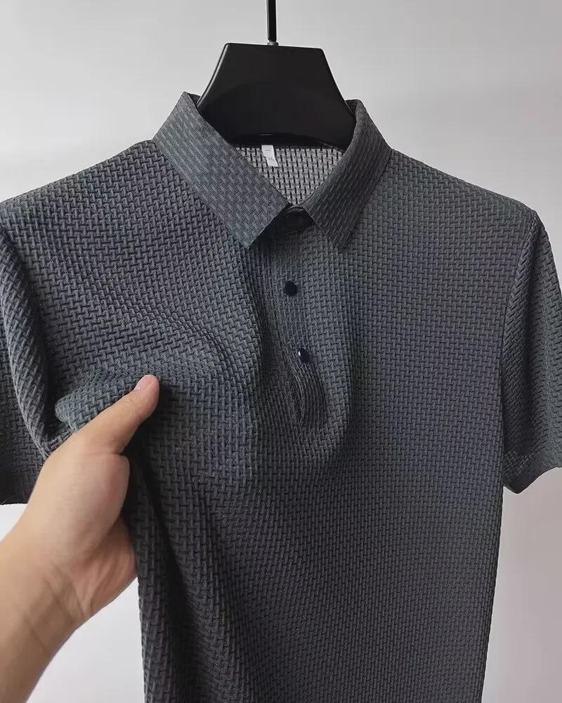 Men's Summer Ice Silk Mesh Polo Shirt with Short Sleeves and Colorful Collar.