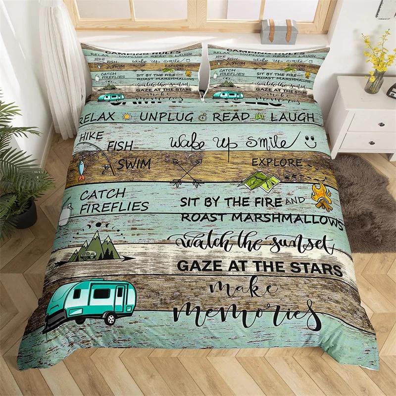 Camper Bedding Set Vintage Cabin Twin Full King Duvet Cover Cartoon Camp Travel Car Quilt Cover Farmhouse Style Comforter Cover