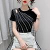 Summer New Hollow Out Heavy Industry Hot Dip Diamond Design Sense Round Neck Short Sleeve T-shirt Women's Fashion Slim Thin Top