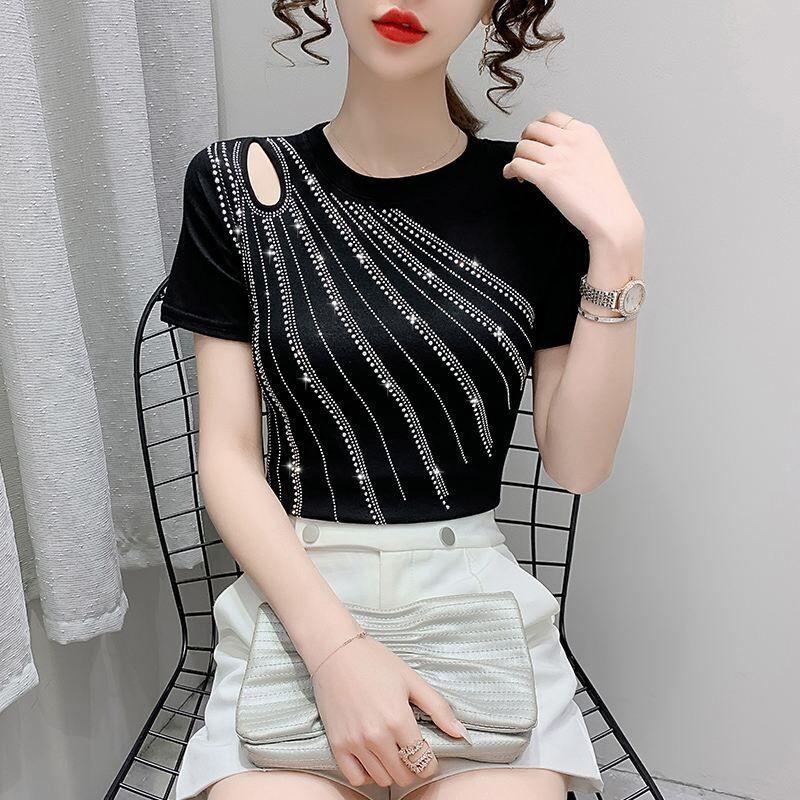 Summer New Hollow Out Heavy Industry Hot Dip Diamond Design Sense Round Neck Short Sleeve T-shirt Women's Fashion Slim Thin Top