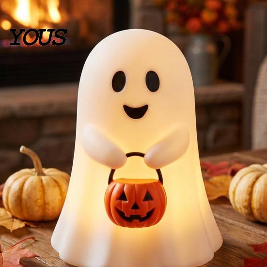 Ghost Festival Party Favors Cute Holding Pumpkin Bucket Table Lamp, Halloween Spooky Bedside Atmosphere Supplies Small LED Night Light for Bedroom