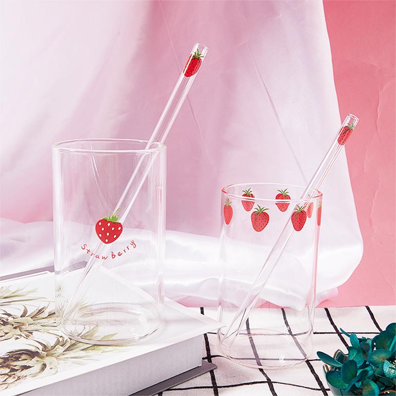 300 ml jahodový roztomilý severský skleněný hrnek se slámovým mlékem, tepelně odolný skleněný hrnek