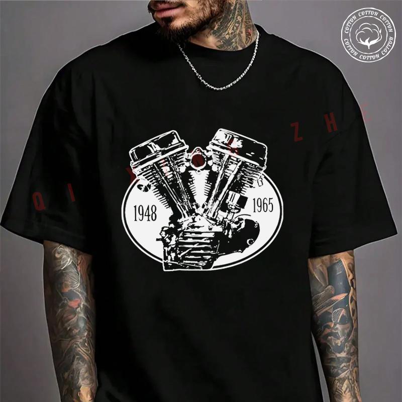 Moto Men's T-shirt Motorized Panhead Print Cotton T Shirt Short Sleeve Exquisite Design Essenti