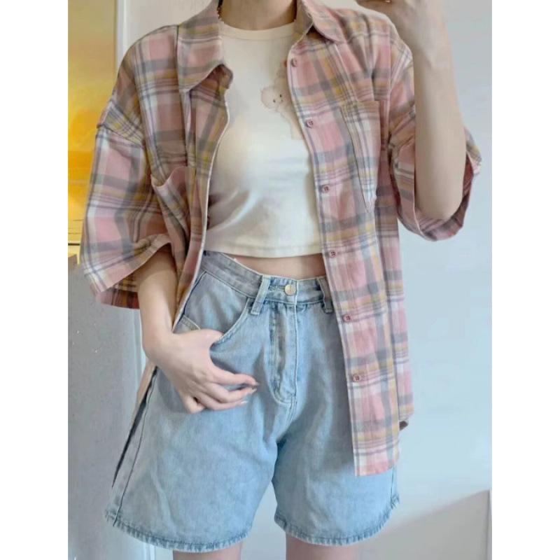 Women s Summer Pink Plaid Polo Collar Short Sleeve Shirt Jacket - Japanese Retro Style S розовый