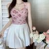 Dámske Sladké Šifónové Potlačené Camis Letné Halter Bez Chrbta Sieťované Tank Topy Vintage Bez Rukávov Štíhle Dobby Základy Crop Top Y2k
