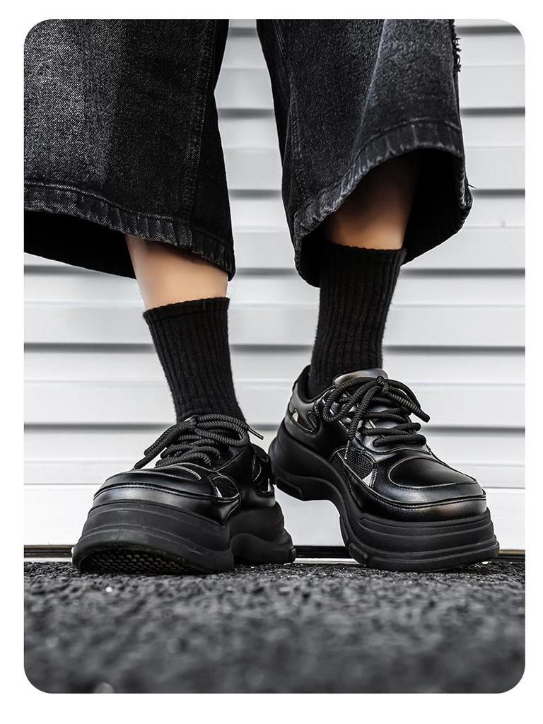 Men's Black Leather Height-Increasing Derby Shoes - 2025 Autumn/Winter Collection, British Style with Thick Sole