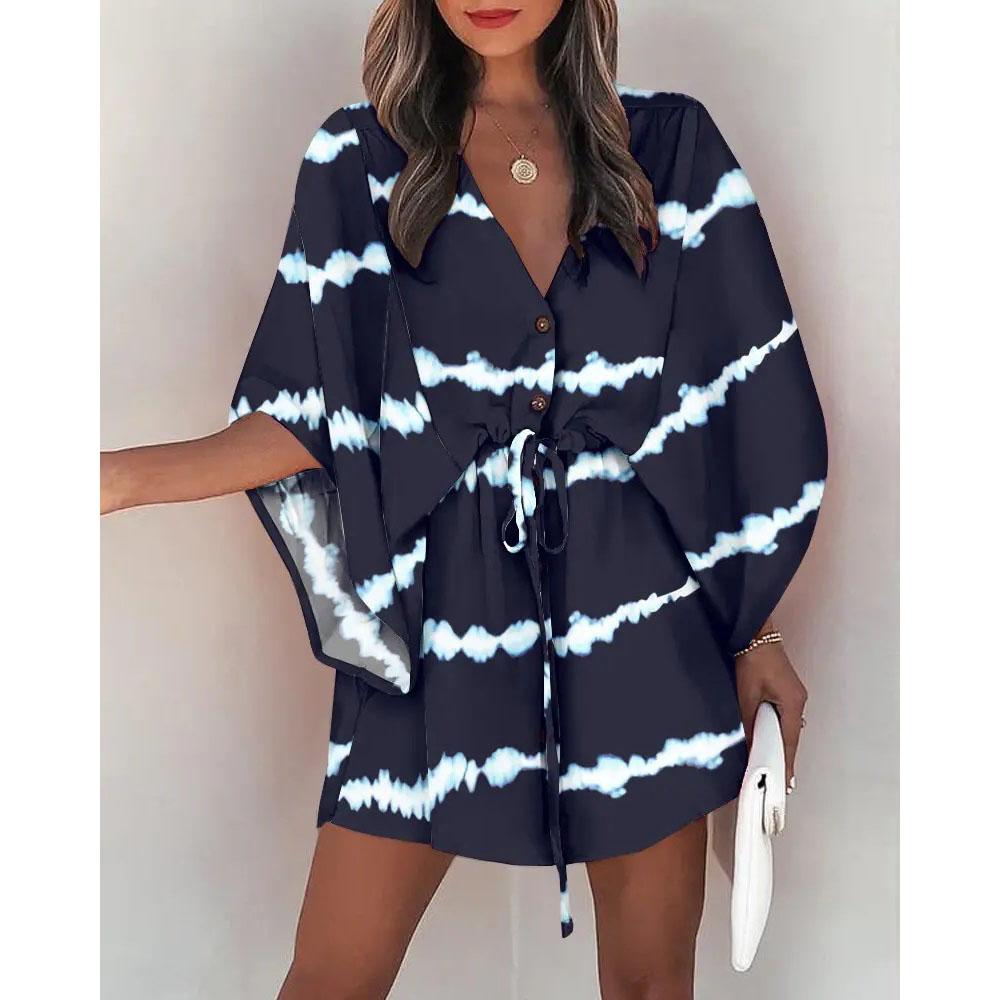 Summer Casual Drawstring Tie-Up Mini Loose Dress Fashion Print Batwing Sleeve Beach Dress Sexy Button V Neck Women Party Coverup