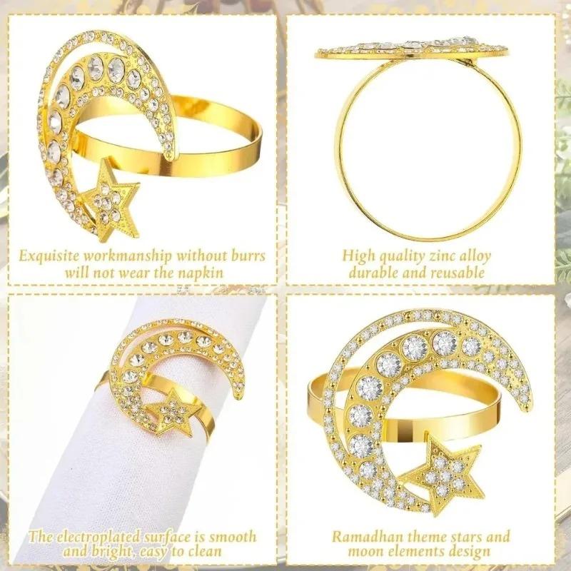 Gold Napkin RingSet Star Moon Design AlloyCrystal Metal Hollow RamadanCelebration HolidayTableware Elegant Durable Napkin Holder