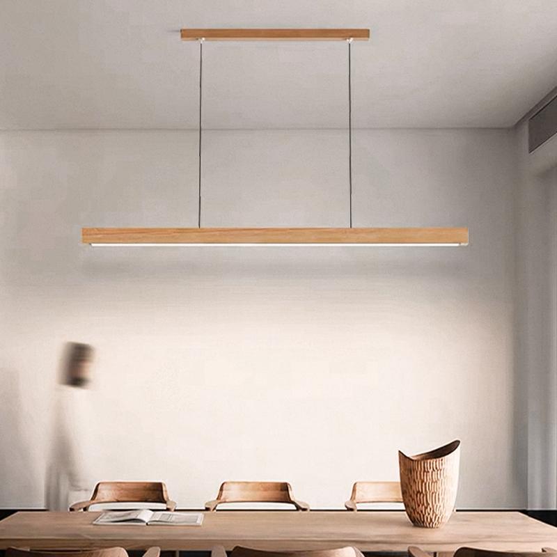 DAMIASMIL LED Pendant Light Dining Table Lamp Wood Long Strip Suspension Chandelier for Living Dining Room Lighting Fixture