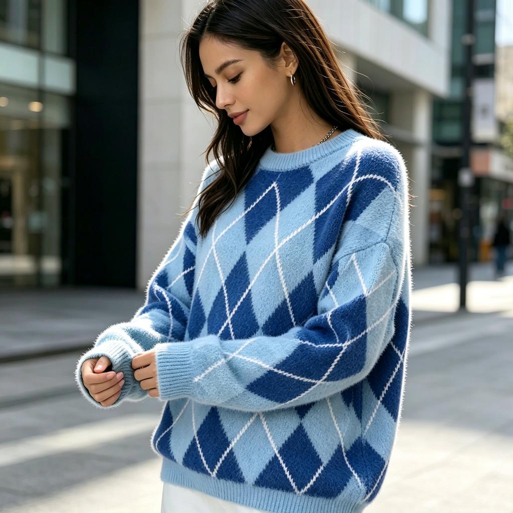 Women's Loose Fit Knit Top Neck Color Block Pullover Sweater for Casual Wear